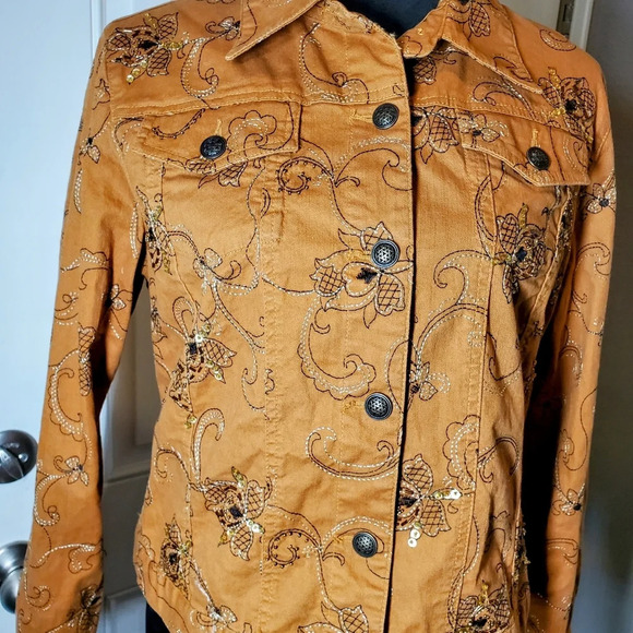 Hearts Of Palm Women's Brown Jeweled Floral Button Front Collared Jacket Sz 10 - Picture 10 of 17